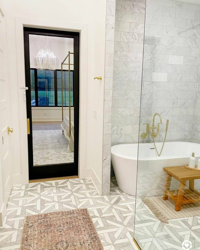 Glass Panel Door in Gray and White Bathroom