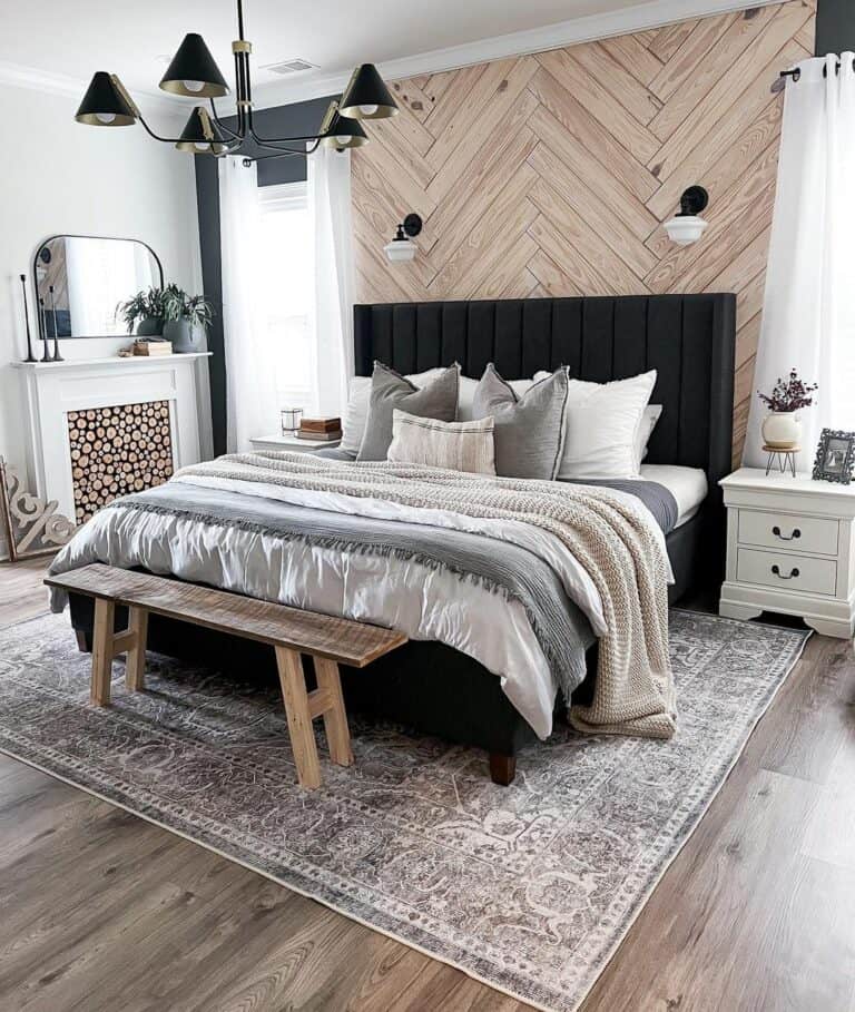 Herringbone Accent Wall and a Grey Coverlet