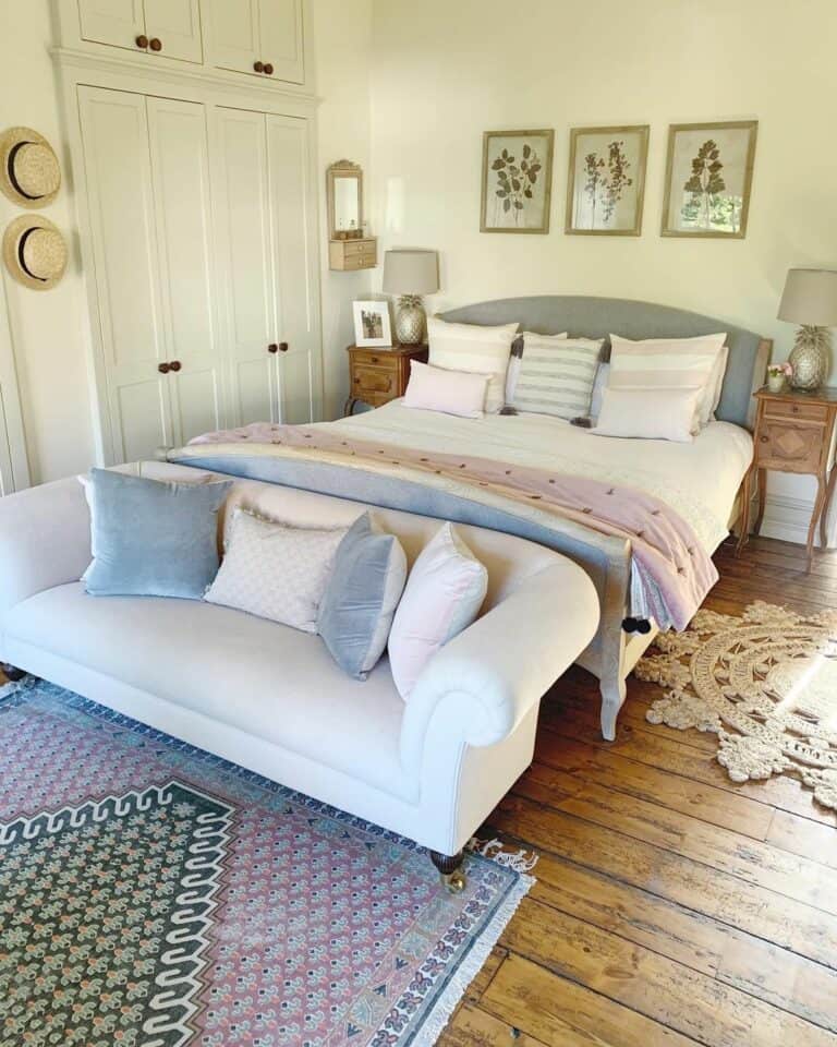 Grey and Pink Rug on a Rustic Wood Floor