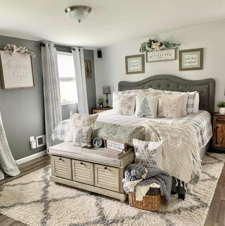 Christmas Pillows on a Grey Buffalo Check Coverlet