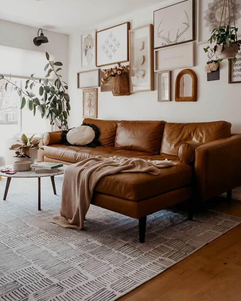 Brown Leather Sectional in Rustic Living Room