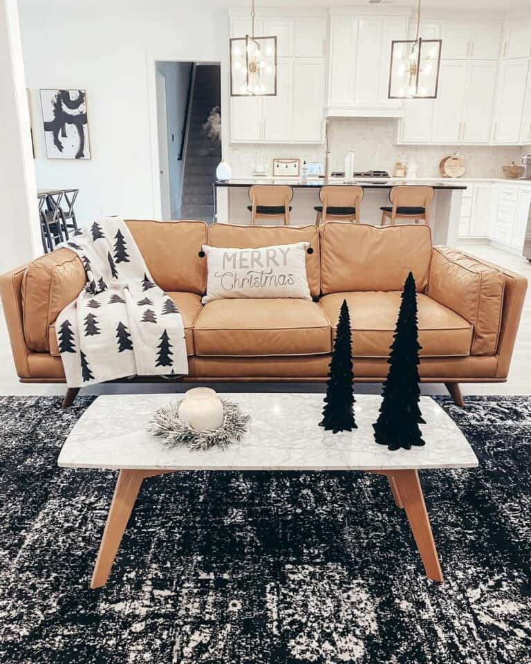 Bright Living Room Design With Brown Leather Sofa