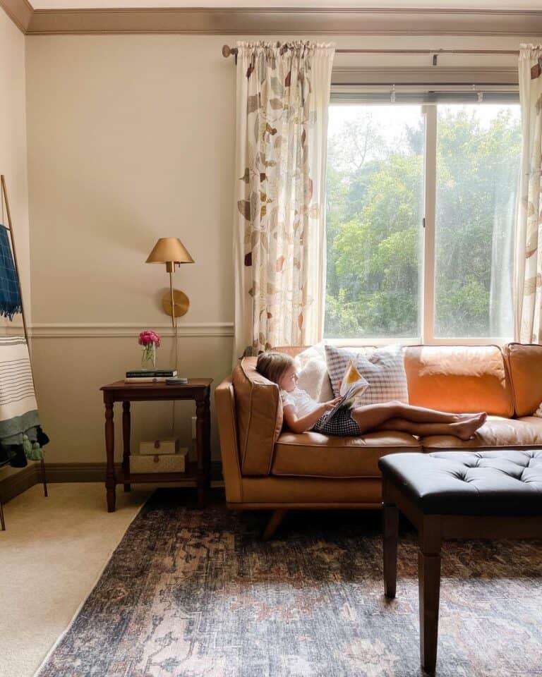 Relaxing Living Room With Light Tan Leather Sofa