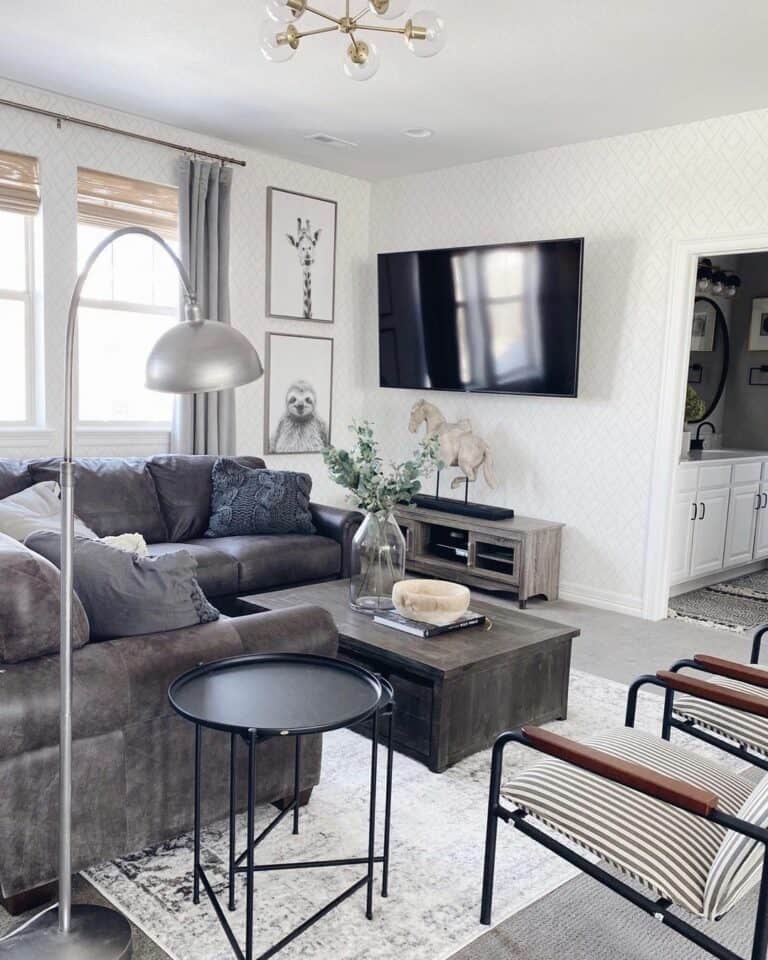 Farmhouse Living Room With Leather Gray Sectional