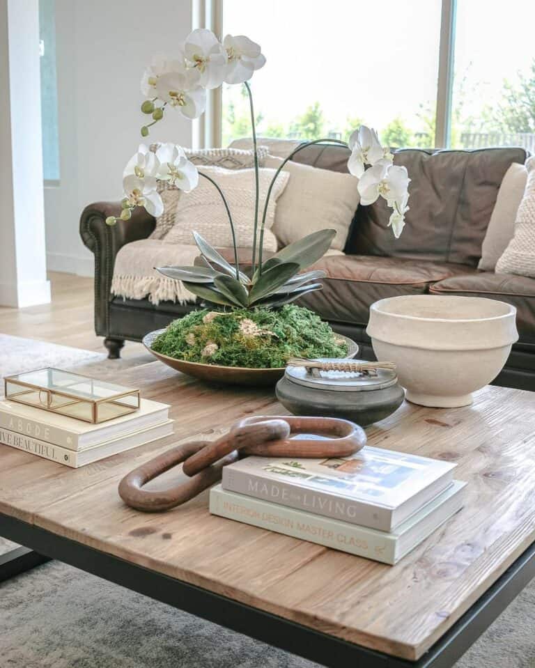 Farmhouse Living Room Idea With Leather Couch
