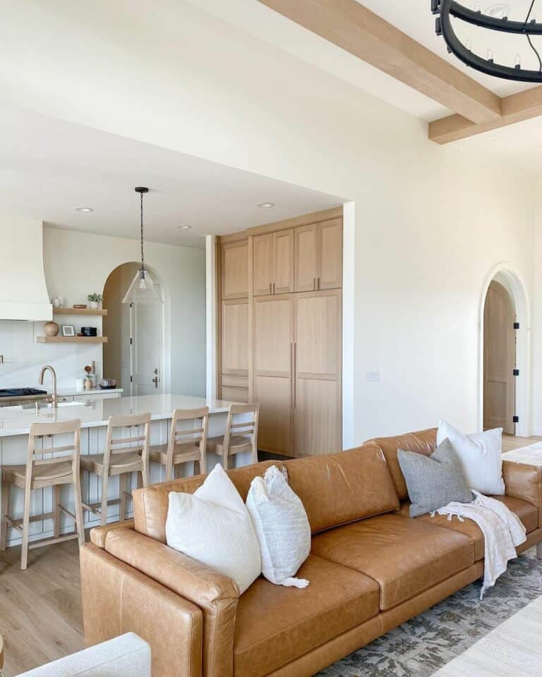 Natural Wood and White Open Concept Room with Leather Couch