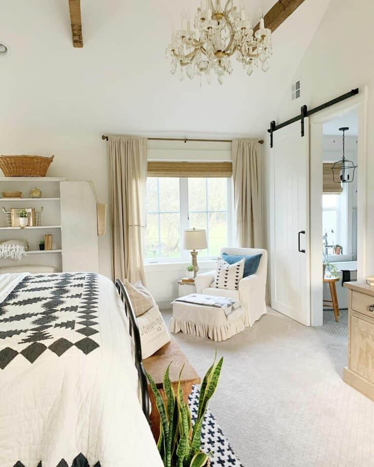 White Bedroom Chair with Blue Accent Pillows