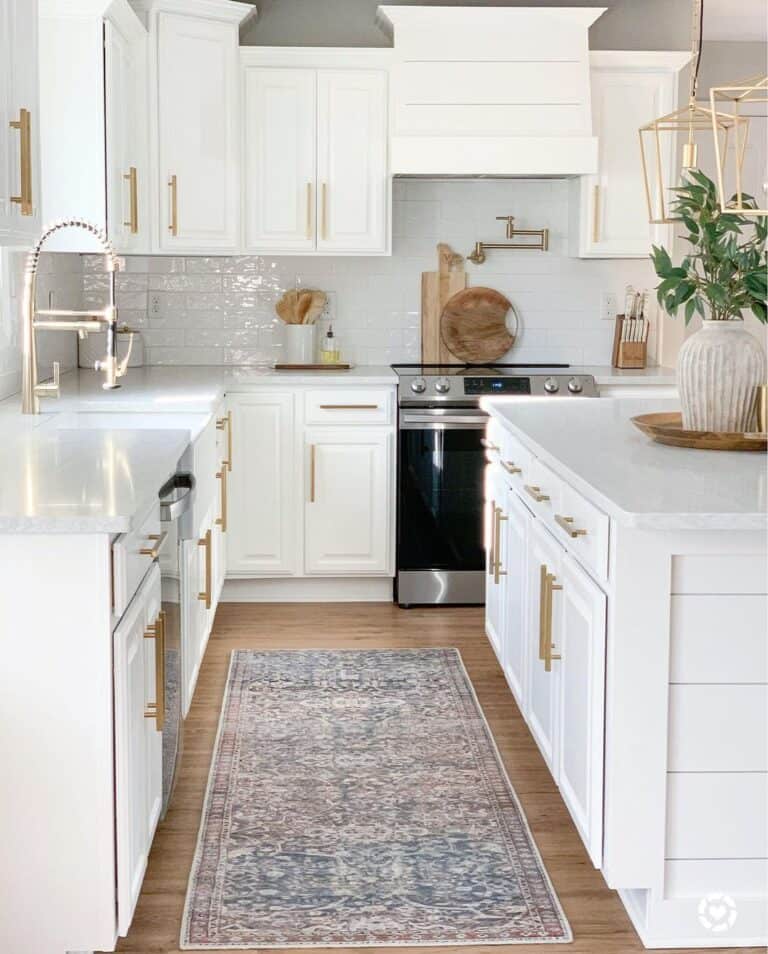 Ornate Crown Molding for Kitchen Cabinets and Gold Hardware