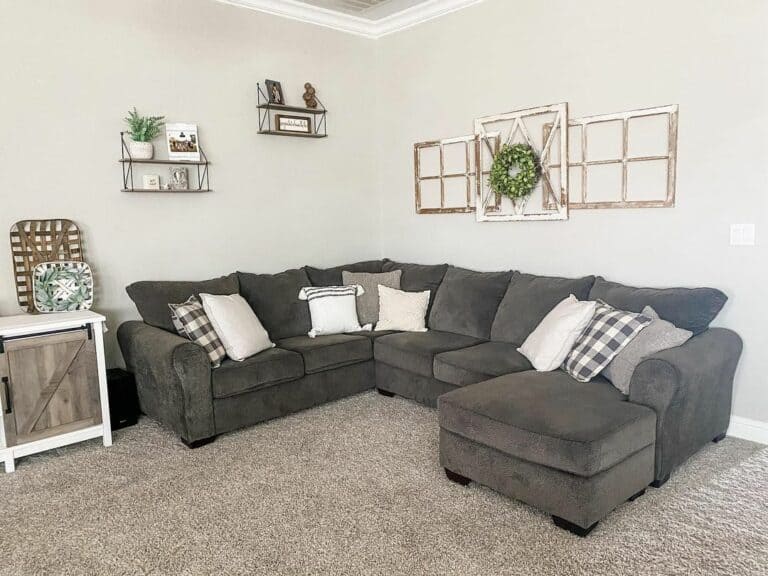 Living Room Wall Shelves Over Gray Sectional