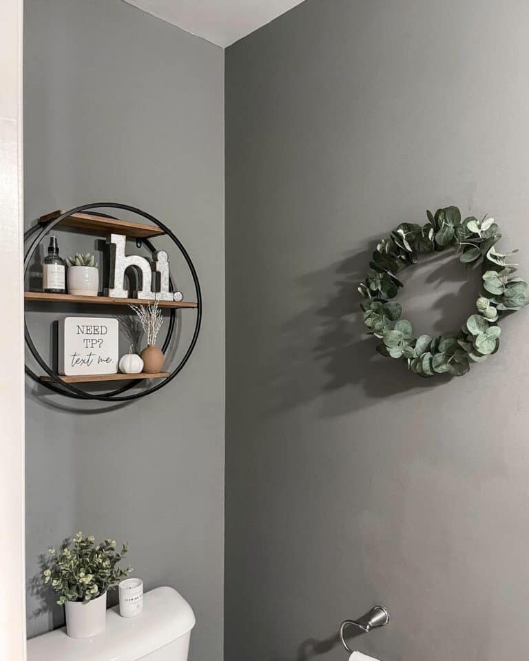 Grey Bathroom with Round Wood Shelf