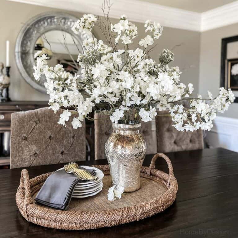 White Flower Centerpiece in Silver Vase