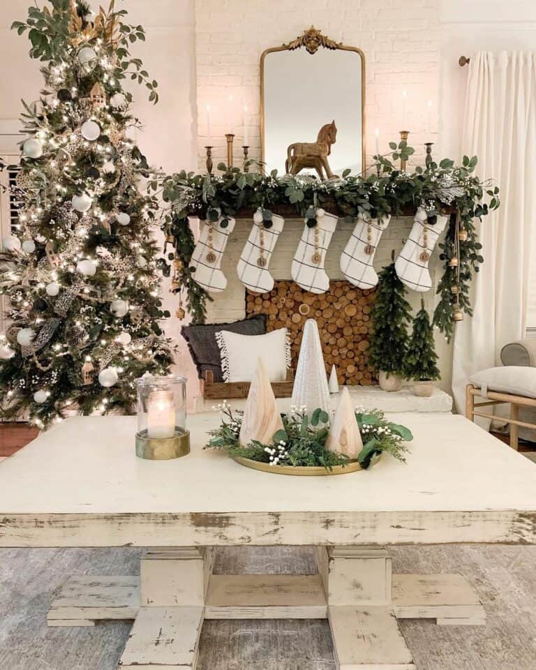 White Coffee Table with Wood and Silver Centerpieces