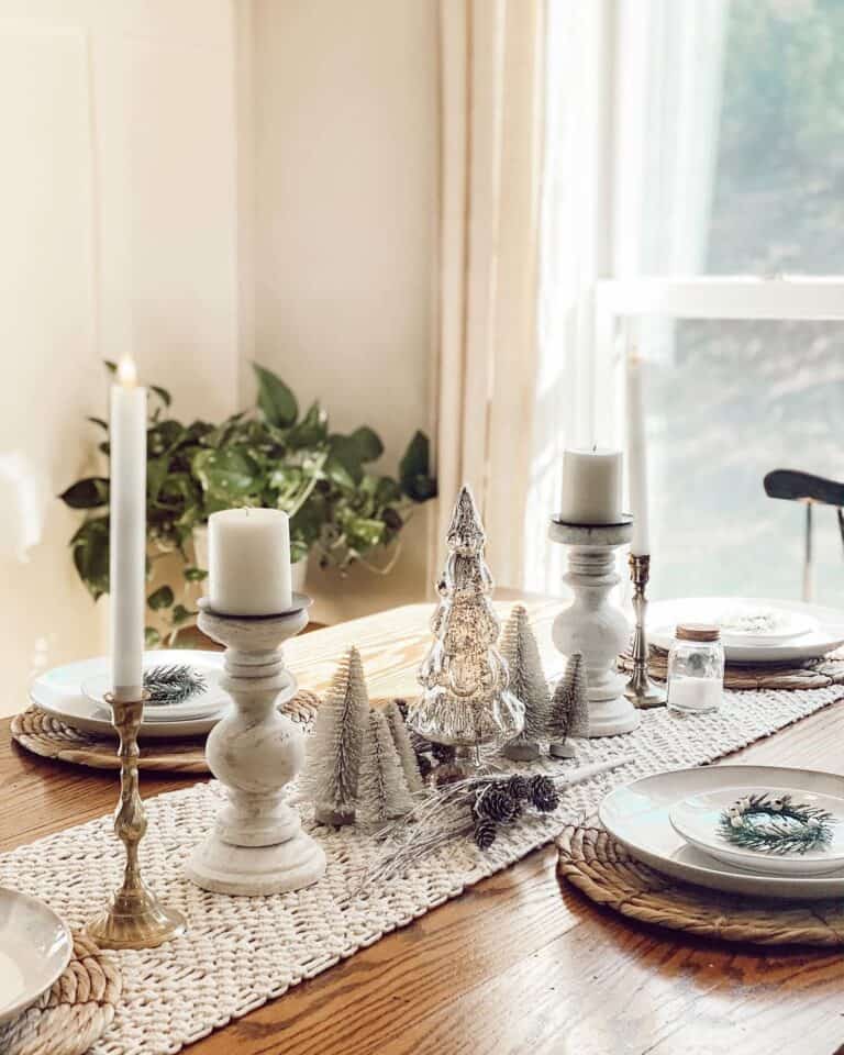 White and Silver Christmas Centerpiece on Wood Dining Table