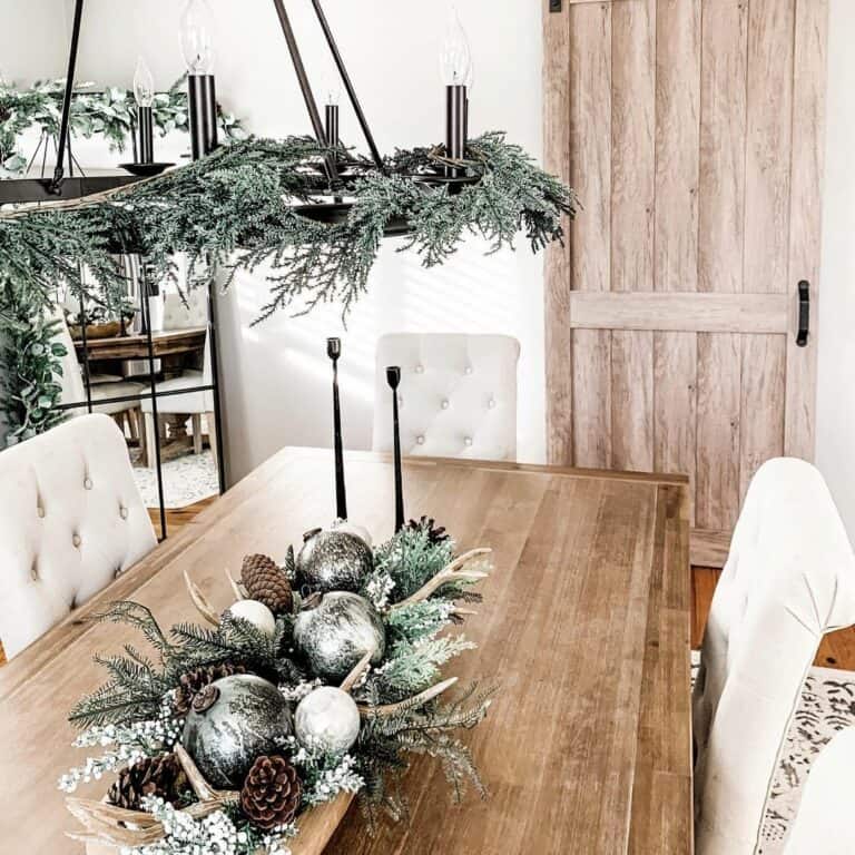 Dining Table Centerpiece with Silver Christmas Ornaments