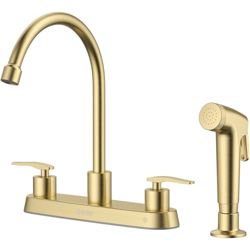 DAYONE Gold Kitchen Faucet with Side Sprayer 2 Handle, 8 Inches 4 Holes Centerset Kitchen Sink Faucet and Separate Sprayer, Pull Out Stainless Steel Sink Taps with Supply Lines, DAY-CR2004
