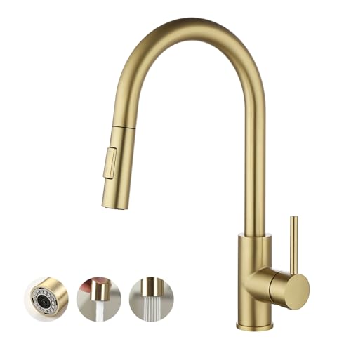 Havin Gold Kitchen Faucet,High Arc Stainless Steel Material,with Pull Down Kitchen Sprayer,cUPC Cartridge,Without Deck Plate,Updating with Spare Sprayer and Soap Dispenser,Brushed Gold