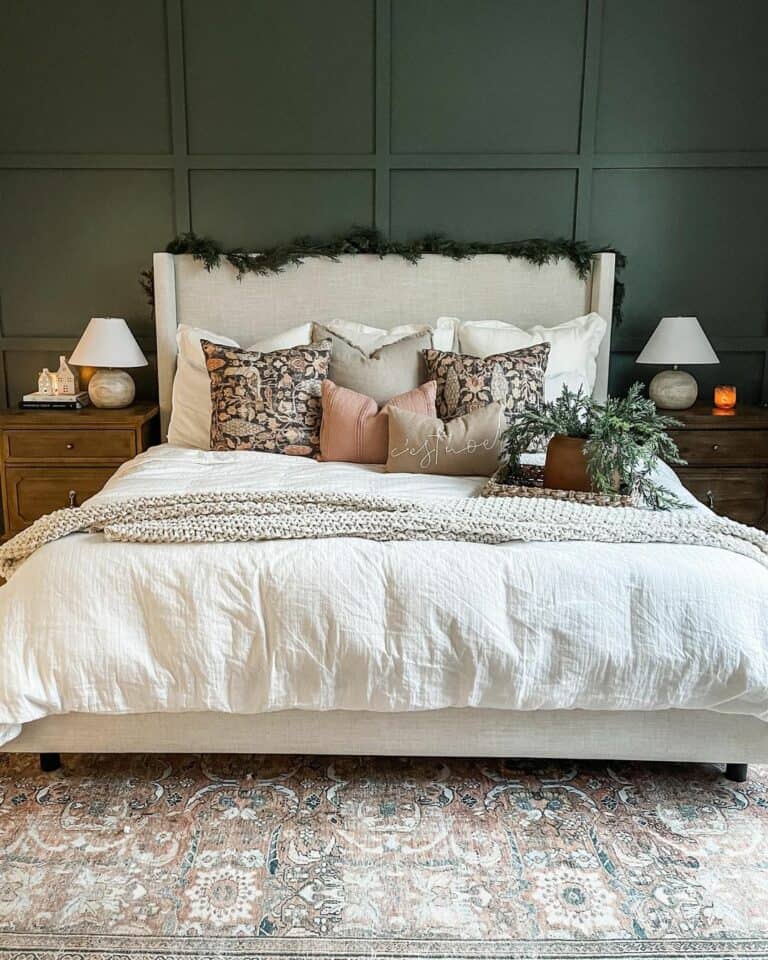 Green Paneled Bedroom With White Bed