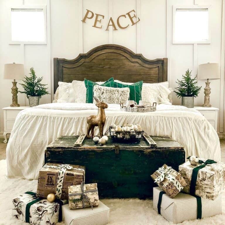Stained Wood Farmhouse Bed with Wooden Chest