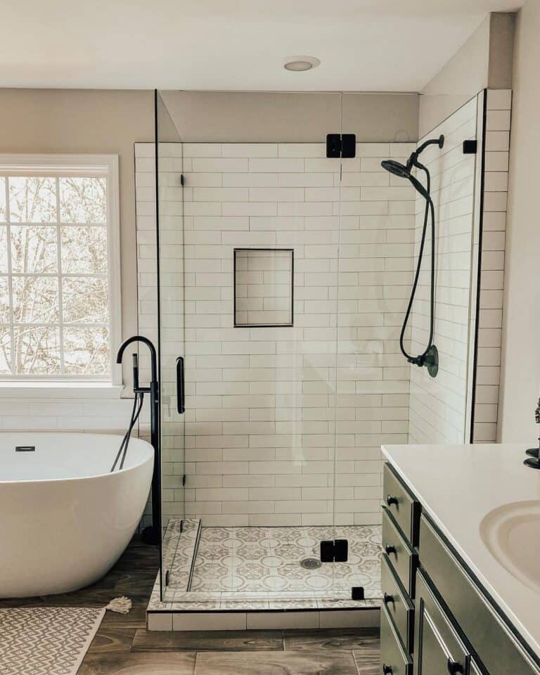White Tile Shower with Black Trim Niche