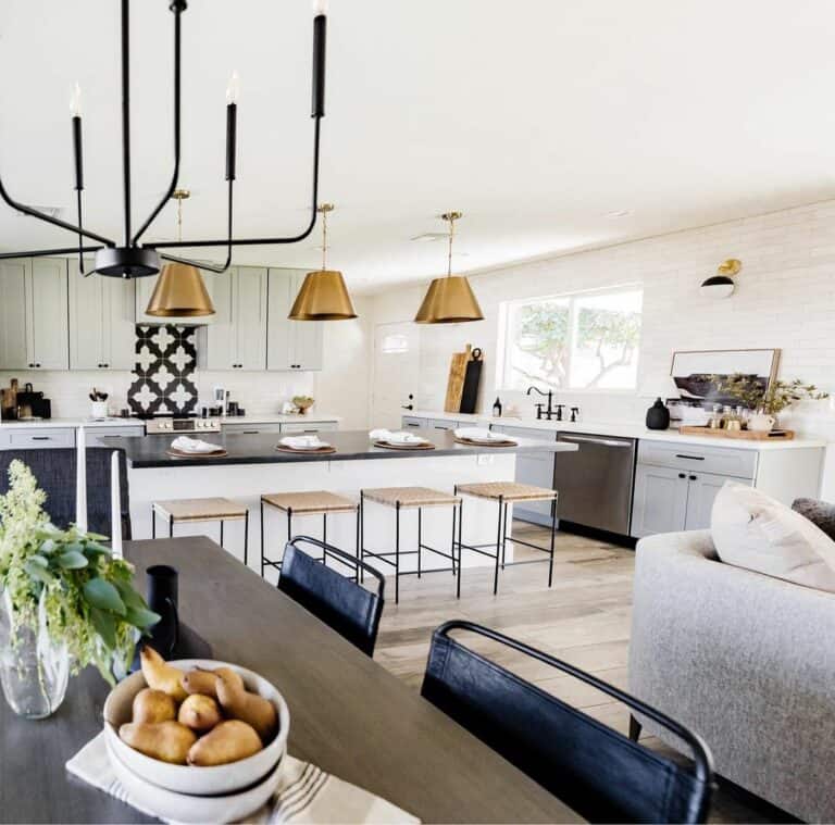 Kitchen Space with Black and Gold Light Fixtures