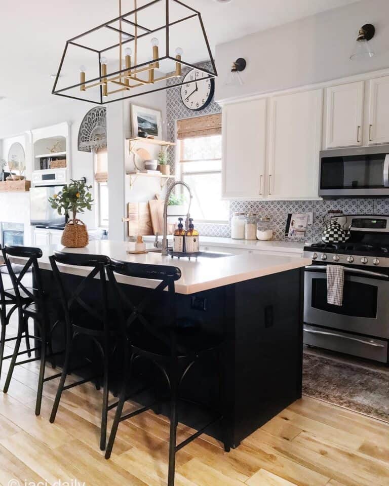 Black and White Backsplash With White Cabinets