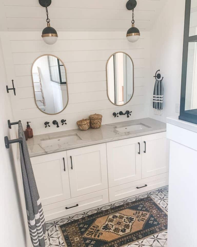 Brass Oval Bathroom Mirrors for White Vanity