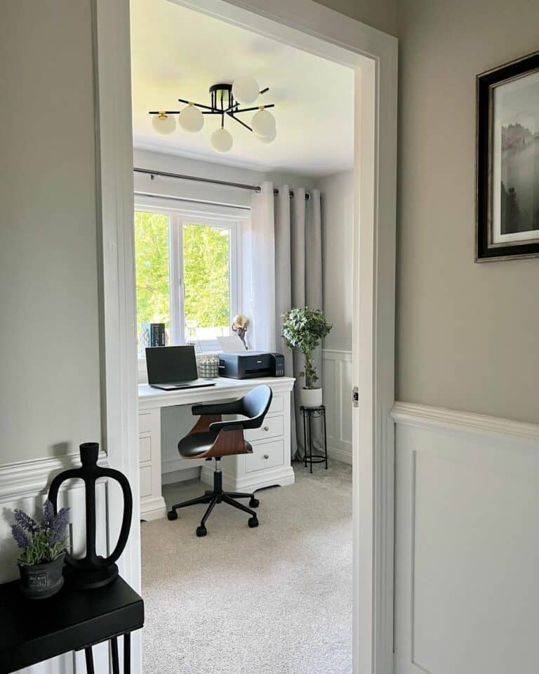 Office with Black and White Sputnik Ceiling Light