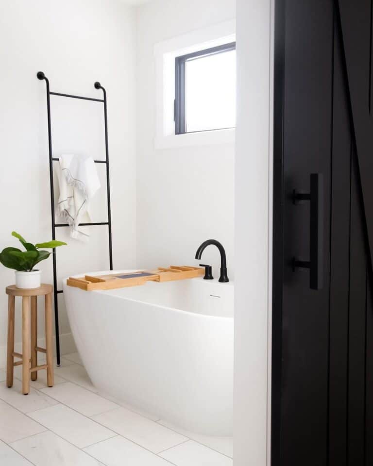 Wood Bathtub Caddy on White Oval Tub
