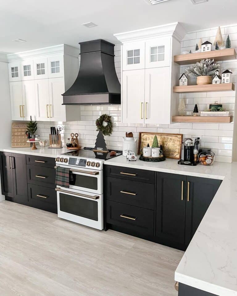 Black and White Cabinets with Long Brass Kitchen Pulls