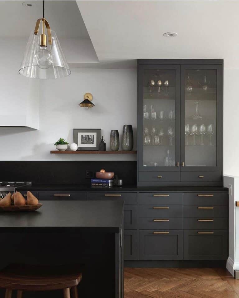 Black Cabinets with Brass Kitchen Pulls