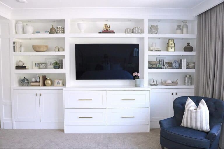 White Shelving Unit with Brass Drawer Pulls