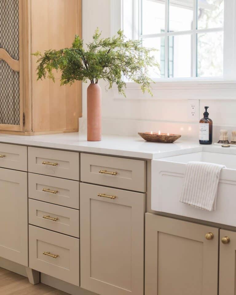 Brass Vintage Drawer Pulls on Beige Cabinets