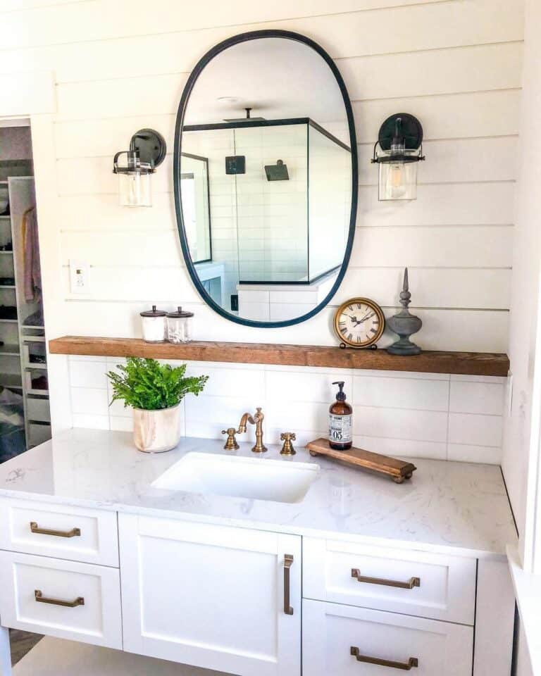 White Shiplap Wall and Thick Brass Drawer Pulls
