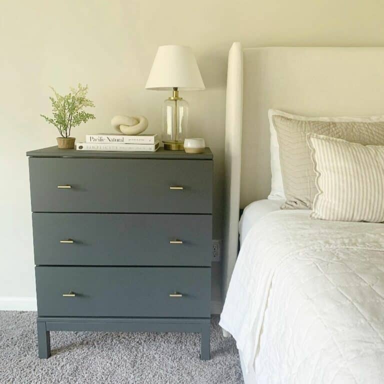 Brass Drawer Pulls on Dark Grey Dresser