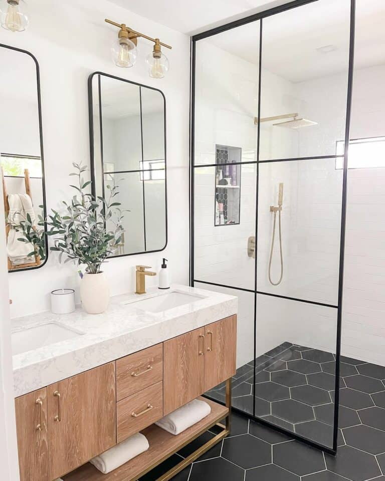 Brass Drawer Pulls on Wood Bathroom Cabinet
