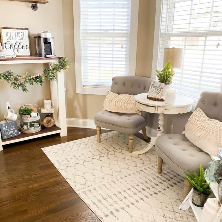 Farmhouse Sitting Area with Gray Tufted Chairs