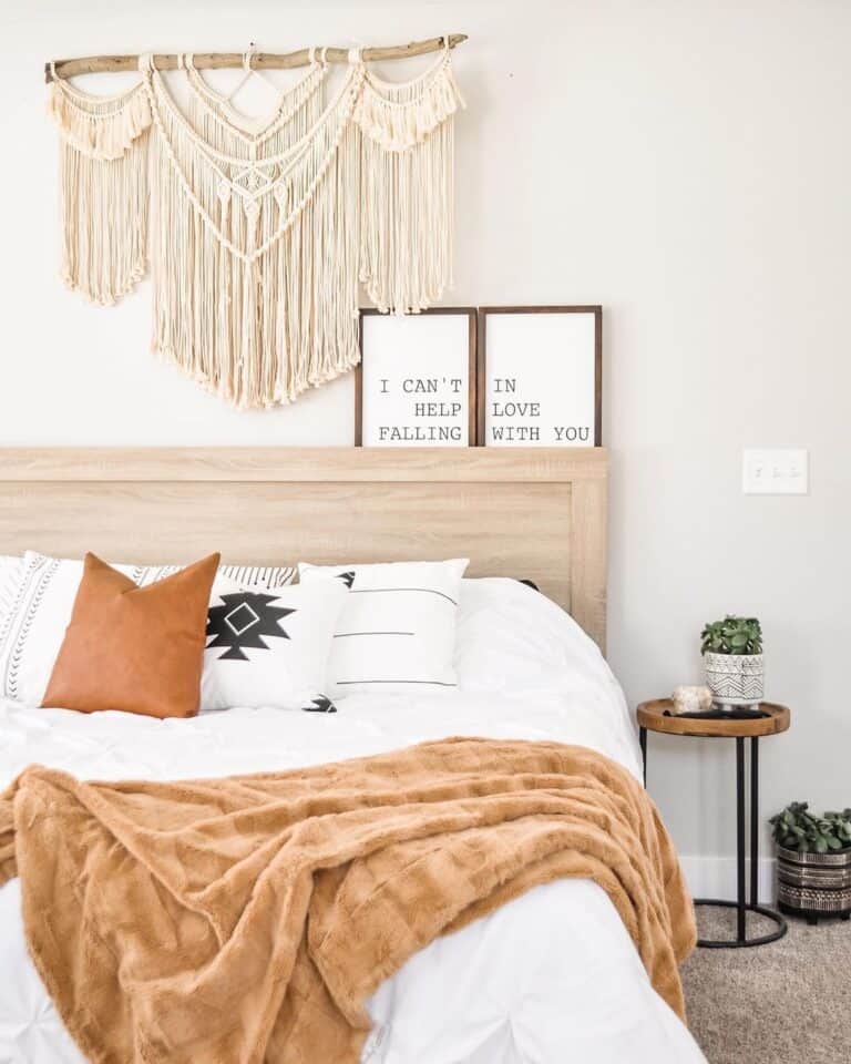 White Macramé Décor Above a Wooden Headboard
