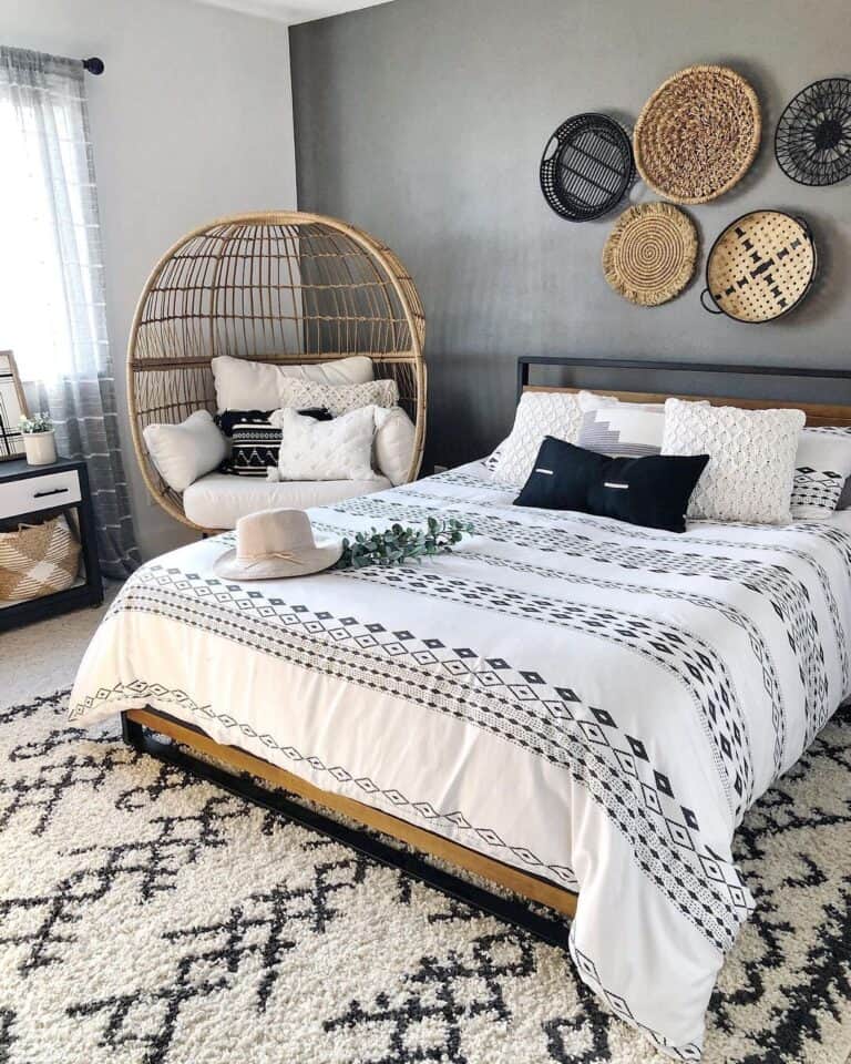 Black and Brown Wicker Baskets on a Gray Wall