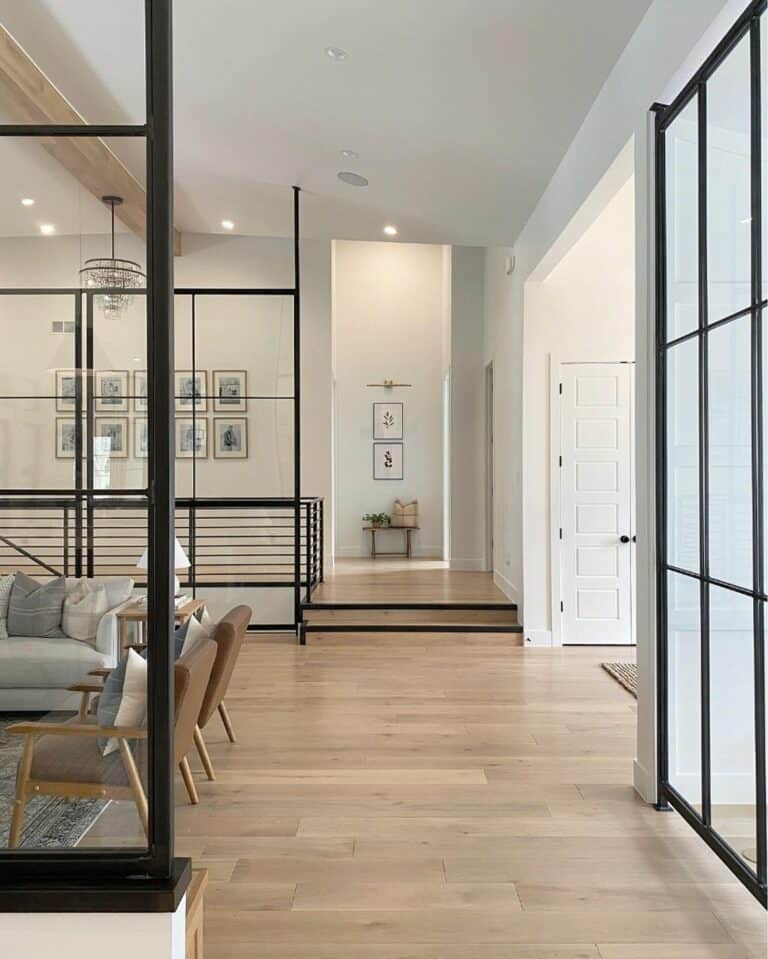 Recessed Hallway Lighting in Loft with Black Grid Partitions