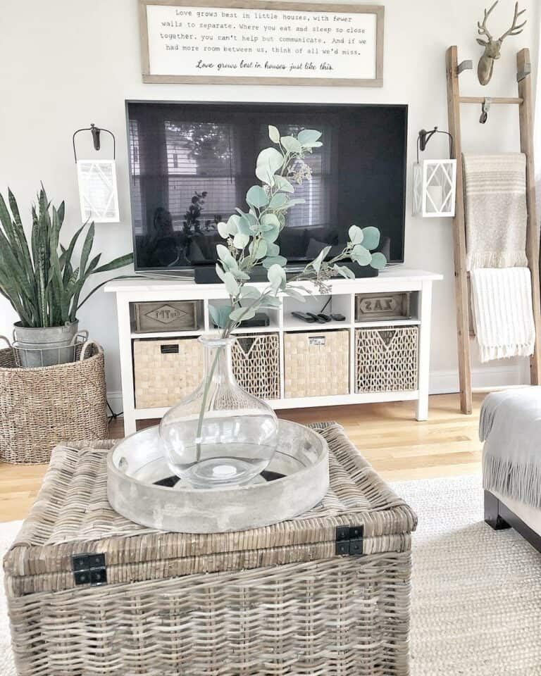 Living Room with Woven Storage and Blanket Ladder
