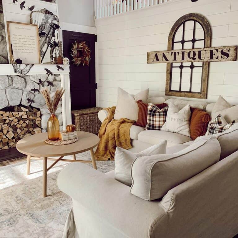 Wooden Window Frame Decor Above White Couch