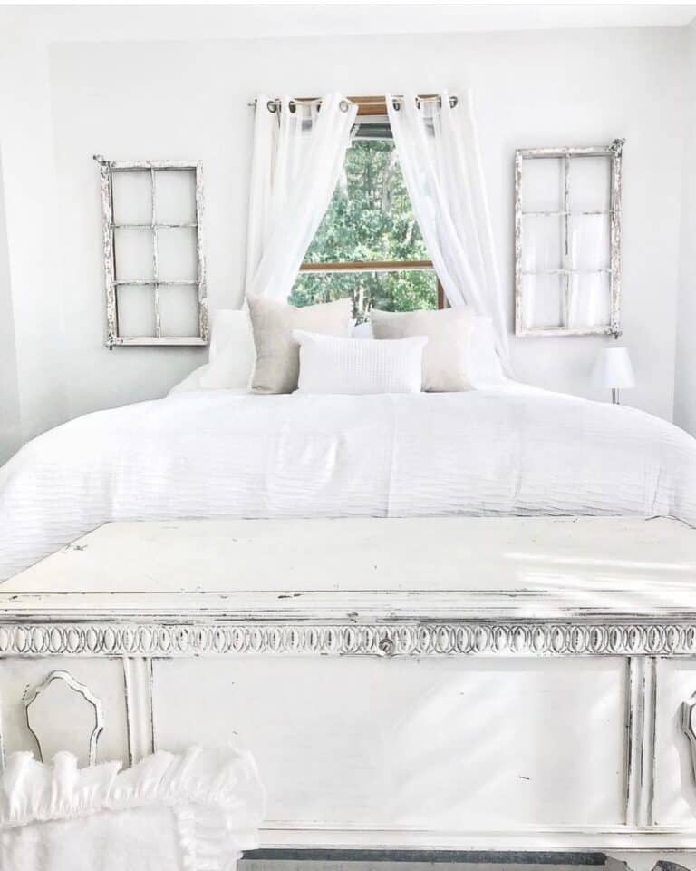 Bedroom Window Between Rustic White Window Pane Decorations