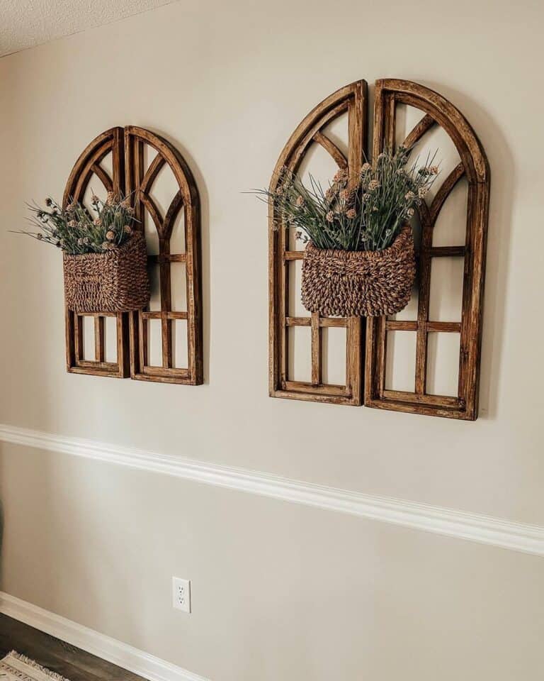 Sprigs of Flowers on Dark Wood Window Frame