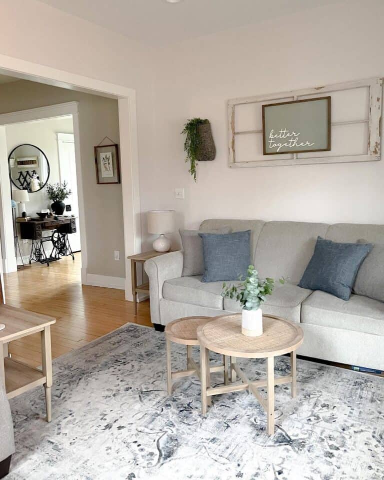 Living Room with White Farmhouse Window Pane Decor and Wall-Mounted Plant