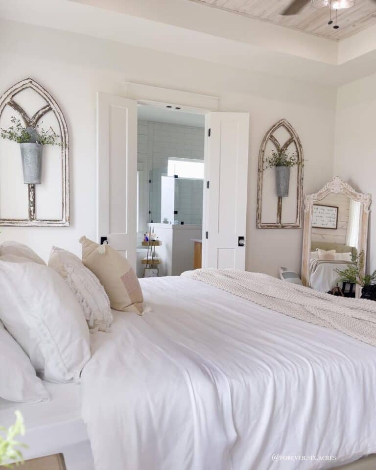 Rustic Window Pane Decor on White Bedroom Walls