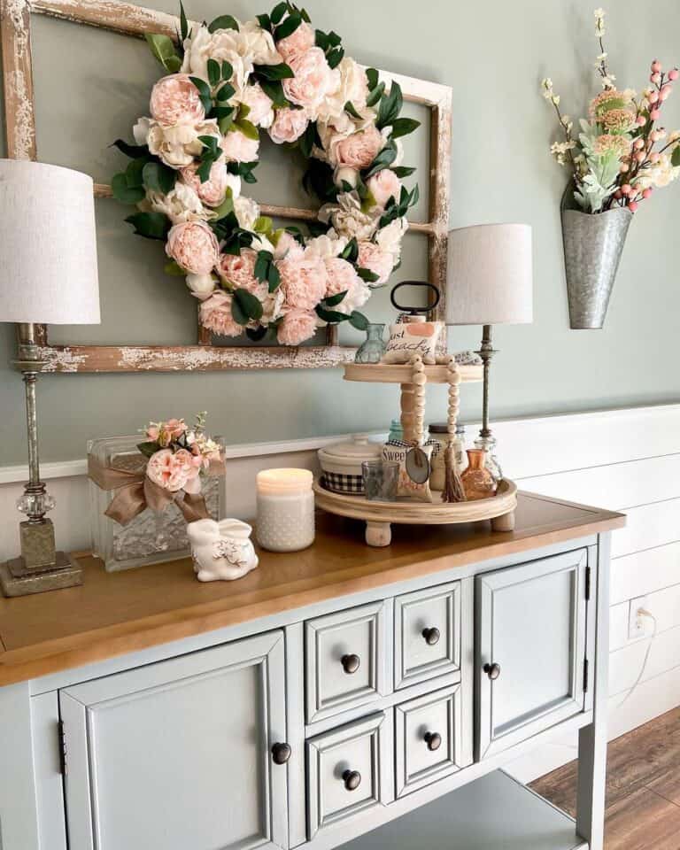 Pink Peony Wreath on Wooden Window Frame