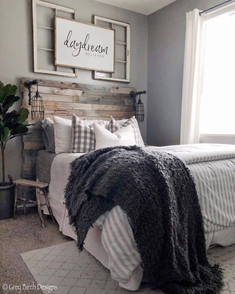 White Farmhouse Window Pane Decor on a Grey Bedroom Wall