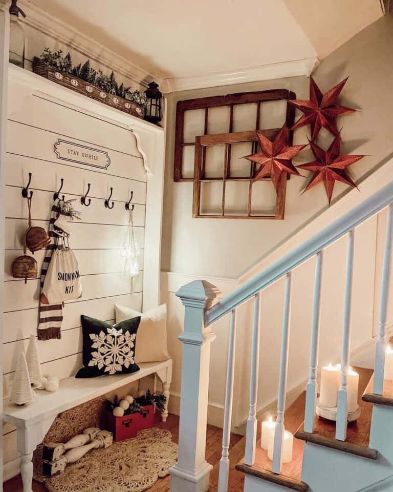 Natural Wood Window Frame Decor with Red Stars