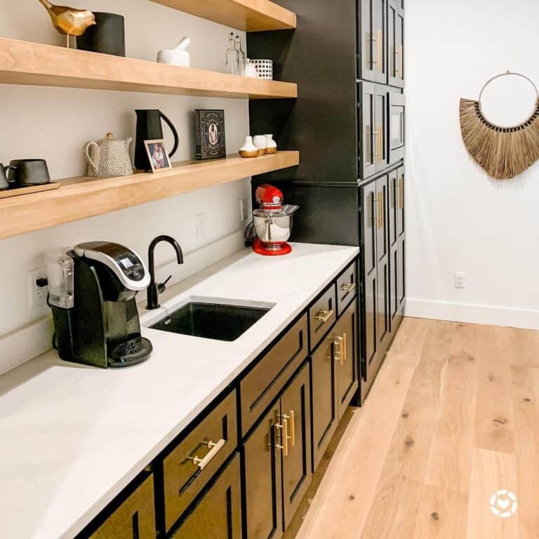 Modern Black and White Farmhouse Kitchen Wall Décor with Wood Shelves