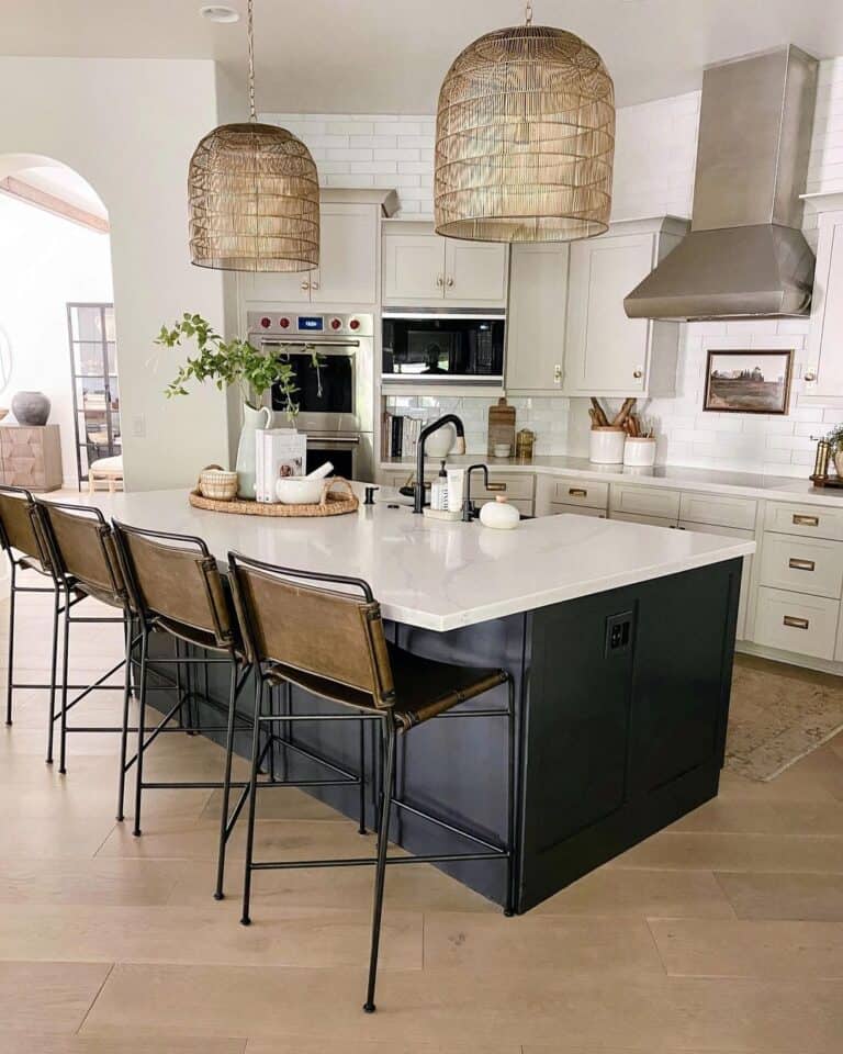 Modern Brass Pendants in Arched Doorway Kitchen